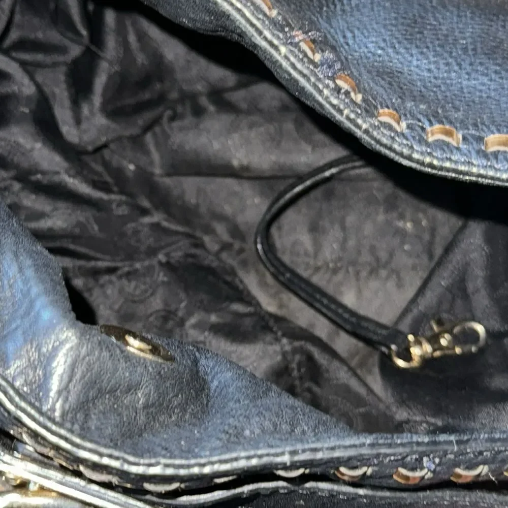 micheal kors black and gold stitched hamilton bag  with lock & key